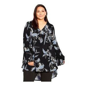 Avenue Studio Plus Size Evans Black Hi Low Floral Flare Sleeve Tunic Top Size 18